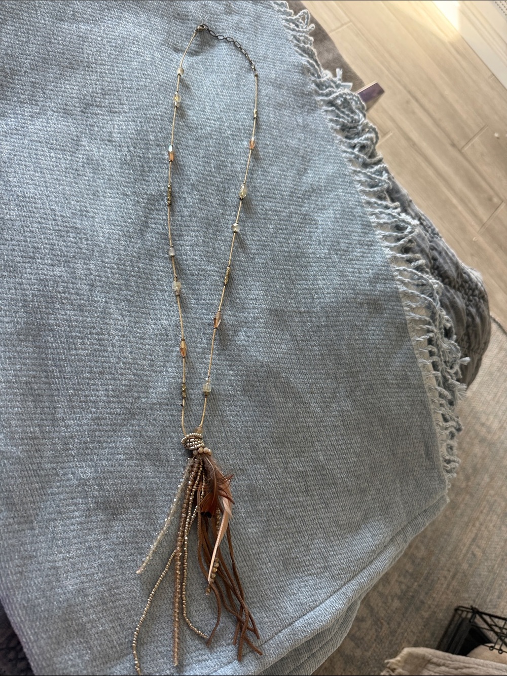 Brown and Gold Tassel Pendant Necklace - Boho Layering Piece
